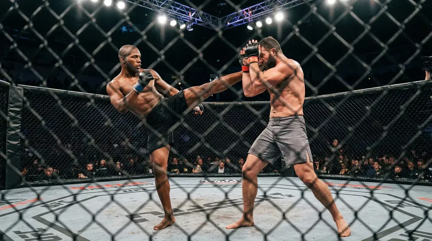 Octogono do UFC preparado para luta de MMA com iluminacao profissional