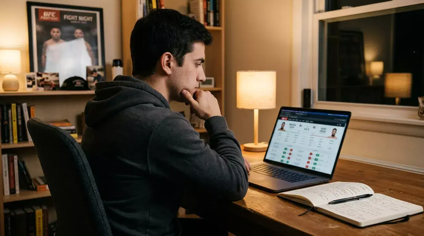 Apostador analisando dados de lutadores em notebook antes de fazer aposta